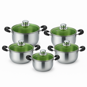 Juego de Ollas de Acero Quirúrgico 10 Piezas – Tapa de Vidrio Templado Color Verde