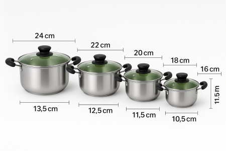 Juego de Ollas de Acero Quirúrgico 10 Piezas – Tapa de Vidrio Templado Color Verde